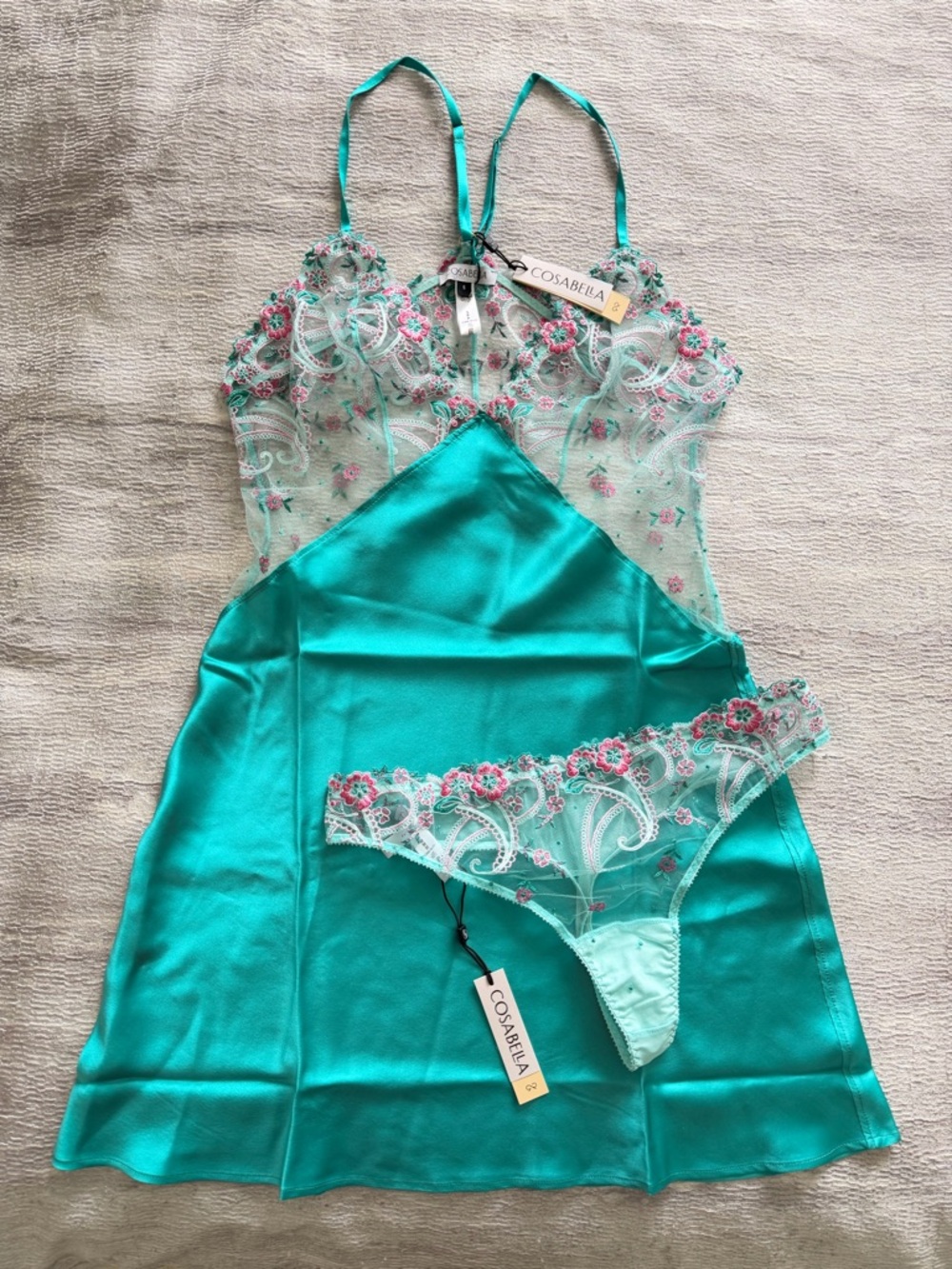 NWT! Cosabella Sanika Italian Turquoise Silk Chemise Size S with Panties Size M - Picture 2 of 16